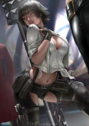 Rule 34 | 1boy, 2girls, bayonet, bazooka, belt, black gloves, black hair, black legwear, blurry, blurry background, breasts, capcom, chaps, cleavage, dante (devil may cry), devil may cry (series), devil may cry 5, electronic firearm, fingerless gloves, gloves, green eyes, heterochromia, jacket, kalina ann (weapon), lady (devil may cry), large breasts, looking to the side, m20 super bazooka, man-portable anti-tank systems, midriff, multiple girls, navel, parted lips, red eyes, red jacket, rocket launcher, short hair, short shorts, shorts, solo focus, stomach, suspenders, trish (devil may cry), weapon, zumi (zumidraws)