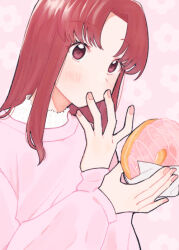 Rule 34 | 1girl, covered mouth, doughnut, egashira mika, floral background, food, food wrapper, hands up, holding, holding food, long hair, long sleeves, looking at viewer, nail polish, parted bangs, pechevail, pink background, pink nails, pink sweater, red eyes, red hair, skip to loafer, solo, sweater, upper body