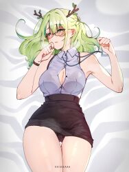 Rule 34 | 1girl, absurdres, antlers, bare shoulders, bed, bed sheet, black bra, black panties, black skirt, blush, bra, bra strap, bra visible through clothes, breasts, ceres fauna, cleavage, cleavage cutout, clothing cutout, collared shirt, glasses, green hair, high-waist skirt, highres, holocouncil, hololive, hololive english, horns, id card, keisea, lanyard, large breasts, long hair, looking at viewer, lying, off-shoulder shirt, off shoulder, office lady, on back, on bed, open mouth, panties, pencil skirt, qilin (mythology), salaryman, shirt, shirt tucked in, skirt, skirt rolled up, sleeveless, sleeveless shirt, solo, thick thighs, thigh gap, thighs, twitter username, underwear, virtual youtuber, watch, white shirt, wristwatch, yellow eyes
