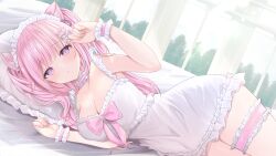 Rule 34 | 1girl, animal ears, armpits, arms up, babydoll, blush, breasts, cat ears, cleavage, collarbone, commentary request, commission, cowboy shot, dress, frilled dress, frills, hair ornament, hairclip, head on pillow, heart, heart hair ornament, indie virtual youtuber, kurage cc, long hair, looking at viewer, lying, maid headdress, on bed, on side, parted lips, paw pose, pink hair, purple eyes, skeb commission, sleeveless, sleeveless dress, solo, thigh strap, thighs, virtual youtuber, wavy hair, white babydoll, wrist cuffs, yumori nanya