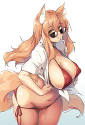 Rule 34 | 1girl, animal ear fluff, animal ears, belly, bikini, bikini under clothes, blush, breasts, brown hair, covered erect nipples, cowboy shot, curvy, fate/extra, fate/extra ccc, fate/extra ccc fox tail, fate/grand order, fate (series), fox ears, fox tail, grin, groin, highres, kuronyan, large breasts, long hair, looking at viewer, looking over eyewear, looking over glasses, navel, open clothes, open shirt, red bikini, shirt, smile, solo, sunglasses, suzuka gozen (fate), swimsuit, tail, thighs, tinted eyewear, white shirt, wide hips, yellow eyes