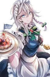 Rule 34 | 1girl, apron, bad id, bad pixiv id, blue dress, blue eyes, bow, bowtie, braid, breasts, brooch, cake, closed mouth, commentary request, cowboy shot, dress, food, green bow, green bowtie, hair between eyes, hair bow, highres, holding, holding tray, izayoi sakuya, jan (lightdragoon), jewelry, looking at viewer, maid, maid headdress, medium breasts, mini flag, pocket watch, puffy short sleeves, puffy sleeves, short sleeves, silver hair, smile, solo, touhou, tray, twin braids, waist apron, watch