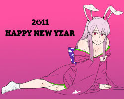 Rule 34 | 10s, 1girl, 2011, animal ears, arm support, bare shoulders, breasts, cleavage, colored eyelashes, eyelashes, female focus, japanese clothes, kimono, lying, md5 mismatch, new year, off shoulder, pink eyes, pink theme, playboy, purple hair, rabbit ears, reisen udongein inaba, simple background, smile, socks, solo, tabi, torinone, touhou, wide sleeves