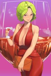 Rule 34 | 1girl, absurdres, alcohol, alternate costume, alternate hairstyle, bad id, bad pixiv id, bag, ballpoint pen (medium), bare shoulders, blush, breasts, cleavage, cup, dress, drinking glass, eyebrows, eyebrows hidden by hair, gradient background, green hair, hair intakes, hair up, handbag, highres, holding, holding bag, holding cup, huge breasts, kazami yuuka, looking at viewer, nose, outline, parted bangs, pink background, pink lips, purple background, red dress, red eyes, short hair, sideways glance, skinnytorch, sleeveless, sleeveless dress, smile, solo, touhou, traditional media, wavy hair, wine, wine glass