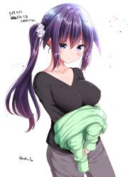Rule 34 | 1girl, black shirt, blush, breasts, closed mouth, collarbone, green sweater, grey pants, hair between eyes, hair ornament, hair scrunchie, highres, large breasts, mokufuu, original, pants, purple eyes, purple hair, scrunchie, shirt, side ponytail, sidelocks, simple background, solo, sweater, translation request, twitter username, undressing, white background, white scrunchie