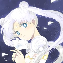 Rule 34 | 1990s (style), 1girl, bishoujo senshi sailor moon, blue eyes, crescent, crescent facial mark, crescent moon, double bun, dutch angle, face, facial mark, flower, forehead mark, highres, long hair, moon, natsume (menthol), official style, petals, princess serenity, retro artstyle, sky, smile, solo, star (sky), starry sky, tsukino usagi, twintails, white hair