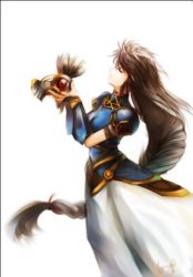 Rule 34 | 1girl, armor, armored dress, black hair, braid, bridal gauntlets, brown hair, choker, closed eyes, darkdoor, dress, holding, lenneth valkyrie, long hair, low-braided long hair, low-tied long hair, signature, solo, turtleneck, valkyrie, valkyrie profile (series), very long hair, white background