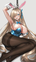 Rule 34 | 1girl, absurdres, animal ears, arm up, armpits, ass, asuna (blue archive), asuna (bunny) (blue archive), bare arms, bare shoulders, black pantyhose, blonde hair, blue archive, blue bow, blue bowtie, blue eyes, blue leotard, blush, bow, bowtie, breast hold, breasts, cleavage, elbow gloves, fake animal ears, feet out of frame, gloves, hair over one eye, hairband, highres, large breasts, leotard, long hair, looking at viewer, mole, mole on breast, no shoes, pantyhose, parted lips, playboy bunny, pole, rabbit ears, simple background, smile, solo, strapless, strapless leotard, stripper pole, thighband pantyhose, tongue, traditional bowtie, very long hair, white background, white gloves, white hairband, ytoy