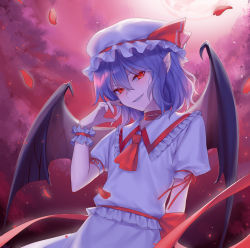 Rule 34 | 1girl, absurdres, ascot, bat wings, black wings, blouse, blue hair, blush, bow, commentary, crimsonknigh t, fang, frilled shirt, frilled shirt collar, frills, hair between eyes, hand up, hat, hat ribbon, head tilt, highres, looking at viewer, mob cap, moon, moonlight, nail polish, petals, pointy ears, puffy short sleeves, puffy sleeves, red ascot, red bow, red eyes, red moon, red nails, red ribbon, remilia scarlet, ribbon, shirt, short hair, short sleeves, skirt, smile, solo, touhou, tree, upper body, vampire, waist bow, wavy hair, white hat, white shirt, white skirt, wings, wrist cuffs