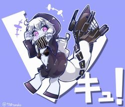 Rule 34 | 10s, 1girl, abyssal ship, backpack, bag, hood, kantai collection, pale skin, paw pose, purple eyes, re-class battleship, scarf, simple background, smile, solo, tail, tanaka kusao, translation request, turret, twitter username, white hair