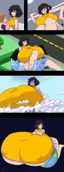Rule 34 | 1girl, absurdres, barefoot, black hair, breast expansion, breasts, earth (planet), female focus, full body, giant, giantess, gigantic breasts, growth, highres, huge giantess, impossibly large breasts, kenj, planet, solo