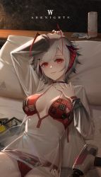 Rule 34 | 1girl, absurdres, areaaaron, arknights, bed sheet, bikini, black choker, breasts, character name, choker, cleavage, copyright name, fingernails, highres, looking at viewer, lying, medium breasts, nail polish, on back, pillow, red bikini, red eyes, red nails, short hair, slit pupils, smile, solo, sweat, swimsuit, w (arknights), white hair