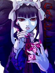 Rule 34 | 1girl, between fingers, black hair, celestia ludenberg, danganronpa: trigger happy havoc, danganronpa (series), dice, drill hair, english text, fingernails, frilled sleeves, frills, gothic lolita, hair ribbon, highres, holding, lolita fashion, long hair, necktie, parted lips, red eyes, ribbon, sharp fingernails, solo, twintails, white background, wryyoco