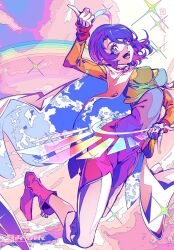 Rule 34 | 1girl, arikanrobo, artist name, blue eyes, blue hair, boots, breasts, capelet, cloud, floating, full body, hand up, impossible clothes, looking at viewer, medium breasts, multicolored clothes, multicolored hair, open mouth, pointing, purple hair, rainbow, sky, smile, solo, tenkyuu chimata, touhou, twitter username, white capelet