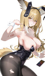 1girl absurdres alternate_costume animal_ear_fluff animal_ears arknights bare_shoulders black_leotard black_pantyhose blonde_hair breasts cellphone cleavage fake_animal_ears fox_ears fox_girl fox_tail from_side highres huade_xiami large_breasts leotard long_hair looking_at_viewer orange_eyes pantyhose phone playboy_bunny rabbit_ears shaka_sign sideboob simple_background sitting solo tail vulpisfoglia_(arknights) white_background