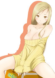 Rule 34 | 1girl, bare shoulders, blonde hair, blush, box, breasts, cleavage, collarbone, inamochi keiichirou, large breasts, long hair, naked sweater, no pants, off shoulder, original, sitting, sleeves past wrists, solo, spread legs, sweater, yellow eyes