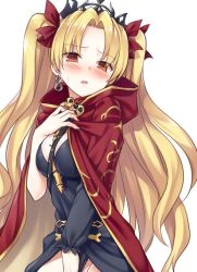Rule 34 | 1girl, asymmetrical sleeves, blonde hair, blush, bow, breasts, cape, cleavage, commentary request, earrings, ereshkigal (fate), fate/grand order, fate (series), hair ribbon, jewelry, large breasts, long hair, looking at viewer, nagiyamasugi, parted bangs, red cape, red eyes, red ribbon, ribbon, simple background, skull, solo, two side up, uneven sleeves, white background