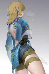 Rule 34 | 1boy, absurdres, adjusting clothes, ass, back cutout, backless outfit, blonde hair, blue eyes, blush, clothing cutout, detached sleeves, earrings, fh moya, from behind, from below, frostbite set (zelda), highres, jewelry, link, looking at viewer, looking back, medium hair, nintendo, official alternate costume, pointy ears, solo, standing, the legend of zelda, the legend of zelda: tears of the kingdom, trap