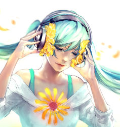 Rule 34 | 1girl, aqua hair, arms up, artist name, bare shoulders, blue shirt, close-up, closed eyes, closed mouth, collarbone, floating hair, flower, hair flower, hair ornament, hatsune miku, headphones, lips, long hair, long sleeves, motion blur, off-shoulder shirt, off shoulder, petals, shirt, smile, solo, twintails, upper body, vocaloid, wind, yuumei