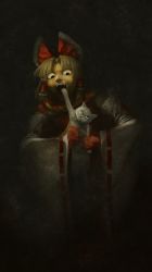 Rule 34 | 1girl, animal, benikurage (cookie), bow, brown hair, cat, commentary request, cookie (touhou), creepy, derivative work, detached sleeves, eating, fine art parody, francisco de goya, francisco goya, frilled bow, frills, gloves, gomamiso dango, hair bow, hair tubes, hakurei reimu, highres, holding, holding animal, holding cat, looking at another, looking at viewer, mittens, miura cat, nontraditional miko, parody, red mittens, restrained, saturn devouring his son, scarf, short hair, simple background, solo, touhou, upper body, white cat, white fur, wide sleeves