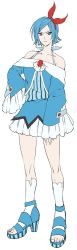 Rule 34 | 1girl, asrbpy, azumarill, bare shoulders, blue skirt, bow, creatures (company), flat color, frown, full body, game freak, gen 2 pokemon, grey eyes, hair bow, halterneck, hand on own hip, highres, kneehighs, long sleeves, looking at viewer, nintendo, personification, pokemon, red bow, sandals, short hair, simple background, skirt, sleeves past wrists, socks, standing, swept bangs, toeless footwear, white background, white socks