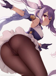 Rule 34 | 1girl, armpits, ass, bare shoulders, blush, bow, brown pantyhose, cameltoe, closed mouth, cone hair bun, detached sleeves, double bun, embarrassed, frilled gloves, frills, from behind, genshin impact, gloves, hair bow, hair bun, keqing (genshin impact), leaning forward, long hair, long sleeves, looking at viewer, looking back, nose blush, outstretched arm, panties, panties under pantyhose, pantyhose, purple bow, purple eyes, purple gloves, purple hair, revision, solo, thighs, twintails, underwear, wide sleeves, zen33n