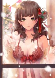 Rule 34 | 1girl, aimori meguru, bare shoulders, blurry, bra, breasts, brown hair, cheating (relationship), christmas, christmas tree, cleavage, commentary request, condensation, depth of field, earrings, green eyes, hair ornament, heart, highres, jewelry, lace, lace-trimmed bra, lace trim, large breasts, lingerie, long hair, looking at viewer, navel piercing, original, piercing, red bra, red ribbon, ribbon, ring, snowing, solo, star (symbol), underwear, underwear only, upper body, wedding band, window, window fog