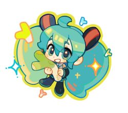 Rule 34 | 1girl, ahoge, aqua eyes, aqua hair, aqua necktie, bare shoulders, big hair, black footwear, black skirt, black sleeves, blush stickers, boots, chibi, collared shirt, commentary request, detached sleeves, food, full body, grey shirt, grin, hair ornament, hatsune miku, highres, holding, holding food, holding vegetable, long hair, long sleeves, looking at viewer, miniskirt, necktie, number tattoo, outline, oversized food, oversized object, pleated skirt, shirt, shoulder tattoo, simple background, skirt, sleeveless, sleeveless shirt, smile, solo, sparkle, spring onion, suuroku, tattoo, thigh boots, twintails, vegetable, very long hair, vocaloid, white background, yellow outline