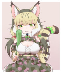 Rule 34 | 0x0082, 1girl, animal ears, bare shoulders, belt, camouflage, cat ears, cat girl, cat tail, elbow gloves, extra ears, fingerless gloves, gloves, green eyes, grey hair, highres, jungle cat (kemono friends), kemono friends, kemono friends v project, long hair, looking at viewer, microphone, purple background, ribbon, shirt, simple background, skirt, solo, tail, twintails, virtual youtuber