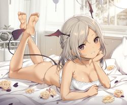 Rule 34 | 1girl, ass, bare shoulders, barefoot, bed, braid, breasts, brown eyes, choker, cleavage, clenched teeth, collarbone, demon girl, demon tail, eyelashes, flower, grin, head wings, highres, icomochi, indoors, legs up, lingerie, looking at viewer, lying, medium breasts, on bed, on stomach, original, panties, puffy nipples, rose, shirt, short hair, side-tie panties, silver hair, smile, solo, strapless, string panties, tail, teeth, the pose, thighs, underwear, white panties, white shirt, window, wings, yellow flower