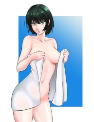 Rule 34 | 1girl, absurdres, blue background, breasts, collarbone, cowboy shot, fubuki (one-punch man), full body, green eyes, green hair, highres, looking at viewer, medium breasts, naked towel, navel, one-punch man, parted lips, see-through, short hair, smile, solo, standing, tadpolejackson, towel, two-tone background, white background, white towel