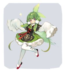 Rule 34 | 1girl, blush, bow, cannae le fey, dress, full body, green hair, hair bow, hair ornament, highres, kuzuvine, looking at viewer, lord of heroes, oversized clothes, pale skin, purple eyes, smile, solo, white legwear