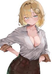 Rule 34 | 1girl, absurdres, aqua eyes, arms behind back, blonde hair, blush, breasts, brown skirt, cleavage, closed mouth, collarbone, hair ornament, highres, hololive, hololive english, large breasts, long sleeves, looking at viewer, mole, mole on breast, monocle, parted bangs, partially unbuttoned, pepq, plaid, plaid skirt, shirt, shirt tucked in, short hair, skirt, solo, transparent background, upper body, virtual youtuber, watson amelia, watson amelia (1st costume), white shirt