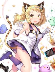 Rule 34 | 1girl, animal ear fluff, animal ears, bird, blonde hair, blush, boots, breasts, choker, cleavage, collarbone, controller, dress, fang, fingerless gloves, game controller, gamepad, gloves, high heel boots, high heels, highres, long hair, looking at viewer, nail polish, open mouth, shirt, short twintails, sleeveless, sleeveless shirt, solo, tiger ears, tiger hair ornament, twintails, usagihime, virtual youtuber, yellow eyes