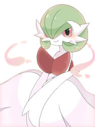 Rule 34 | 1girl, bare shoulders, blush, bob cut, closed mouth, colored skin, creatures (company), dress, elbow gloves, female focus, game freak, gardevoir, gen 3 pokemon, gloves, green hair, hair over one eye, happy, highres, long dress, looking at viewer, mega gardevoir, mega pokemon, nintendo, one eye covered, own hands together, pokemon, pokemon (creature), red eyes, short hair, simple background, smile, solo, strapless, strapless dress, suzu (pixiv 32232702), v arms, white background, white dress, white gloves, white skin