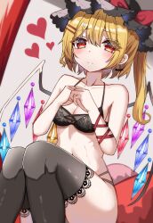 Rule 34 | 1girl, absurdres, bat earrings, black bra, black panties, black thighhighs, bra, breasts, closed mouth, commentary, crystal, earrings, flandre scarlet, hair ornament, hairclip, hat, heart, highres, jewelry, kiui (dagk8254), lace, lace-trimmed thighhighs, light frown, lingerie, looking at viewer, medium hair, multi-strapped panties, navel, one side up, panties, red eyes, red hat, sitting, small breasts, solo, thighhighs, touhou, underwear, underwear only, wings