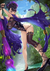 Rule 34 | 1girl, black footwear, black one-piece swimsuit, blush, bound, bound wrists, breasts, covered erect nipples, covered navel, fate/grand order, fate (series), flower, full body, gloves, gold trim, hair flower, hair ornament, hair up, half gloves, high heels, highleg, highleg swimsuit, highres, large breasts, long hair, mhk (mechamania), murasaki shikibu (fate), murasaki shikibu (swimsuit rider) (fate), murasaki shikibu (swimsuit rider) (first ascension) (fate), one-piece swimsuit, one eye closed, outdoors, purple eyes, purple hair, shawl, single thighhigh, swimsuit, thighhighs, thighs, water, water drop, waterfall