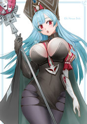 Rule 34 | 1girl, :o, aqua hair, asymmetrical gloves, asymmetrical sleeves, azur lane, black dress, black gloves, black hat, breasts, character name, cleavage, dress, elbow gloves, gloves, hat, highres, holding, holding staff, large breasts, long hair, m/, marco polo (azur lane), mask, microdress, mole, mole under eye, pantyhose, red eyes, red ribbon, ribbon, sai-go, simple background, skindentation, solo, staff, white background, white gloves