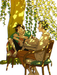 Rule 34 | 2boys, ^ ^, black hair, book, chair, chizuko (chiduk0), closed eyes, dappled sunlight, feet on chair, green shirt, grin, holding, holding book, male focus, monkey d. luffy, multiple boys, on chair, one piece, open clothes, open shirt, plant, scar, scar on chest, shirt, short hair, sitting, sitting on pillow, smile, sunlight, trafalgar law, tree, white shirt, willow