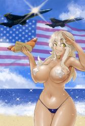 Rule 34 | 10s, 1girl, aircraft, airplane, alternate eye color, american flag, bikini, bikini bottom only, blonde hair, blue angels, blue bikini, borvar, breasts, covered erect nipples, curvy, f-18 hornet, fighter jet, fourth of july, highres, hip focus, hot dog, iowa (kancolle), jet, kantai collection, large breasts, long hair, looking at viewer, military, military vehicle, navel, pasties, patriotism, salute, smile, solo, star-shaped pupils, star (symbol), star pasties, star print, swimsuit, symbol-shaped pupils, thighs, topless, wide hips, yellow eyes