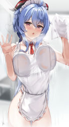 Rule 34 | 1girl, absurdres, against glass, ahoge, apron, blue hair, blush, breast press, breasts, cowboy shot, detached collar, ganyu (genshin impact), genshin impact, goat horns, hair between eyes, heart, highres, horns, large breasts, long hair, looking at viewer, maid apron, maid headdress, naked apron, necktie, open mouth, purple eyes, raised eyebrows, shiny skin, skai kun, solo, very long hair, wet, wet clothes, wiping