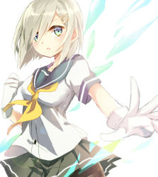 Rule 34 | 10s, 1girl, black pantyhose, blue eyes, breasts, cowboy shot, female focus, gloves, hair ornament, hair over one eye, hairclip, hamakaze (kancolle), ice, ice wings, kantai collection, lips, looking at viewer, medium breasts, open mouth, pantyhose, pleated skirt, school uniform, serafuku, shijima (sjmr02), short hair, skirt, solo, white gloves, white hair, wings