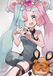 Rule 34 | 1girl, ;d, bare arms, bike shorts, breasts, character hair ornament, commentary request, creatures (company), dedenne, game freak, gen 6 pokemon, green hair, grey vest, hair ornament, hands up, heart, heart-shaped pupils, heart hands, iono (pokemon), katsu (katsupainter), long hair, looking at viewer, medium breasts, nintendo, no jacket, one eye closed, open mouth, pink eyes, pink hair, pokemon, pokemon (creature), pokemon sv, single leg pantyhose, smile, symbol-shaped pupils, teeth, thigh strap, twintails, upper teeth only, vest