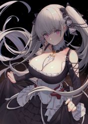 Rule 34 | 1girl, azur lane, bare shoulders, between breasts, black background, black bow, black dress, bow, breasts, cleavage, clothes lift, collarbone, cowboy shot, detached collar, dress, dress lift, floating hair, formidable (azur lane), frilled dress, frills, hair bow, large breasts, long hair, long sleeves, looking at viewer, nail polish, nekojira, pink eyes, silver hair, solo, twintails, upper body, very long hair