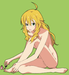 Rule 34 | 1girl, ahoge, applying pedicure, barefoot, blonde hair, censored, completely nude, feet, green background, green eyes, hands on feet, hoshii miki, idolmaster, idolmaster (classic), nail polish, nude, open mouth, painting nails, painting toenails, sitting, solo, yada ei