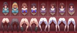 Rule 34 | 10s, 6+girls, absurdres, anus, arms behind back, ashigara (kancolle), ass, atago (kancolle), black hair, black legwear, blush, breasts, brown hair, censored, choukai (kancolle), crying, encasement, from behind, glasses, haguro (kancolle), hair ornament, hat, highres, human toilet, humiliation, indoors, kantai collection, large breasts, lineup, long hair, looking at viewer, maya (kancolle), multiple girls, myoukou (kancolle), nachi (kancolle), pantyhose, personification, ponytail, presenting, public use, red eyes, restrained, school uniform, serafuku, short hair, side ponytail, skirt, stationary restraints, takao (kancolle), thighhighs, through wall, urinal, wanaata, white legwear