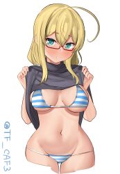 Rule 34 | 1girl, absurdres, ahoge, bikini, blonde hair, blue bikini, blue eyes, breasts, clothes lift, cowboy shot, glasses, grey shirt, highres, i-8 (kancolle), kantai collection, large breasts, lifted by self, low twintails, lowleg, lowleg bikini, navel, one-hour drawing challenge, shirt, shirt lift, simple background, solo, striped bikini, striped clothes, swimsuit, tf cafe, turtleneck, twintails, twitter username, white background