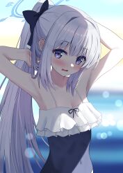 Rule 34 | 1girl, absurdres, armpits, bare arms, bare shoulders, black one-piece swimsuit, blue archive, blue halo, blush, cpk prd, frilled one-piece swimsuit, frills, grey hair, halo, highres, long hair, looking at viewer, miyako (blue archive), miyako (swimsuit) (blue archive), official alternate costume, one-piece swimsuit, open mouth, ponytail, purple eyes, solo, swimsuit, upper body