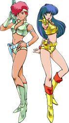 Rule 34 | 2girls, armlet, blue eyes, blue hair, boots, bracelet, breasts, cleavage, crop top, dark skin, dirty pair, earrings, full body, gloves, gun, hand on own hip, handgun, headband, highres, holster, jewelry, kei (dirty pair), light smile, long hair, looking at viewer, medium breasts, midriff, multiple girls, navel, non-web source, official art, open mouth, outstretched arm, photoshop (medium), pointing, pointing at viewer, red hair, short hair, simple background, single glove, smile, standing, thighs, weapon, white background, yuri (dirty pair)