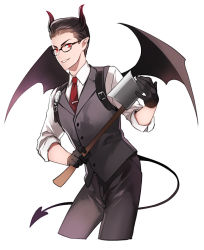 Rule 34 | 1boy, axe, bad id, bad pixiv id, black hair, demon horns, demon tail, demon wings, glasses, gloves, horns, joseph oda, male focus, red eyes, solo, tail, the evil within, vest, waistcoat, weapon, wings, yasuda (fareast blade)